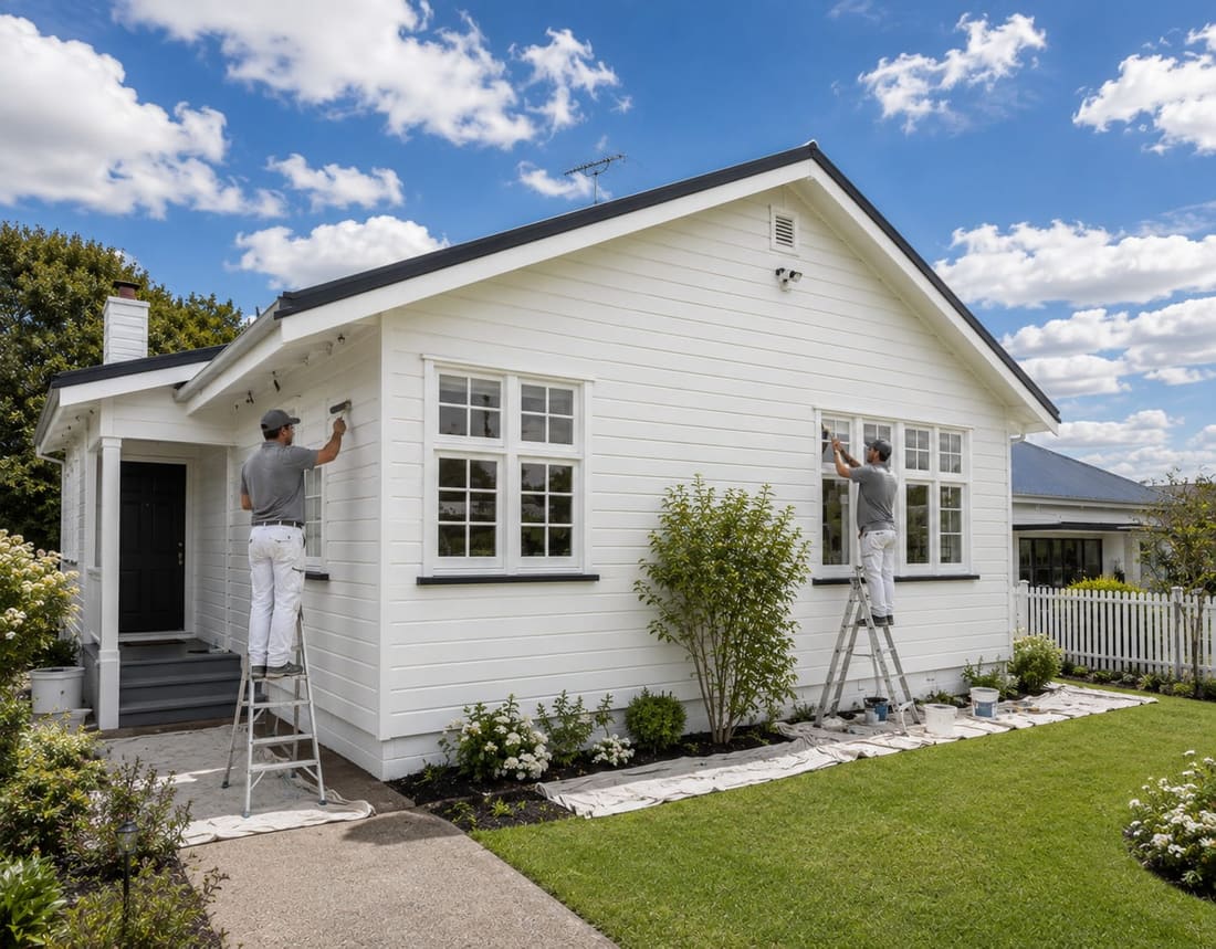 Wellington house painters working on the exterior of a white weatherboard home