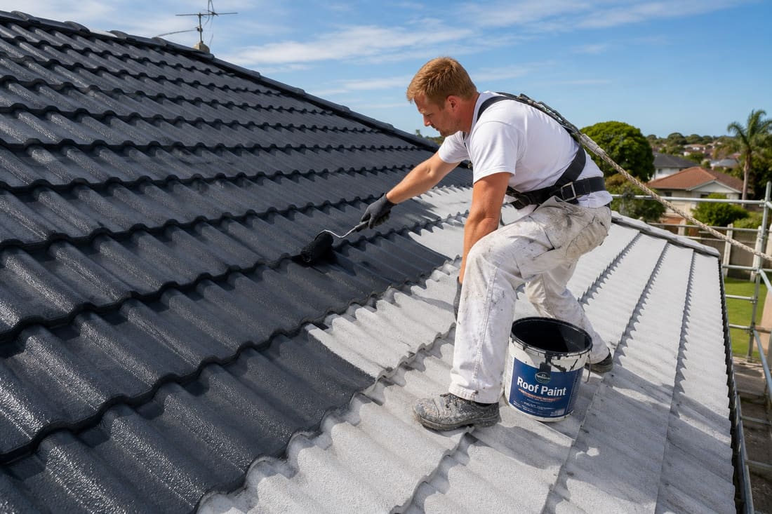 Roof painter applying fresh coating to a tile roof on a Wellington home