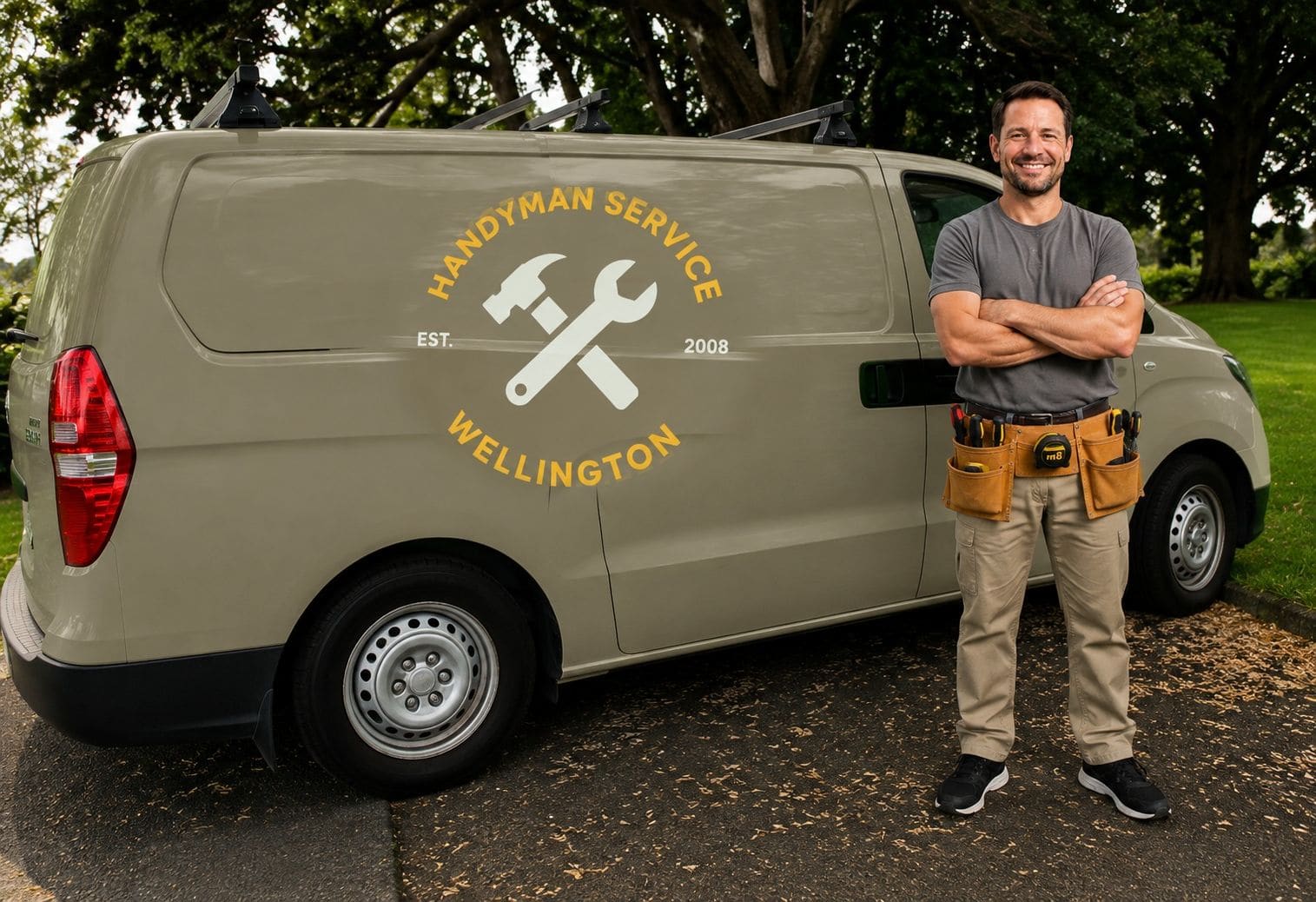 Wellington Handyman tradesman in a tool belt beside the branded Handyman Service Wellington van
